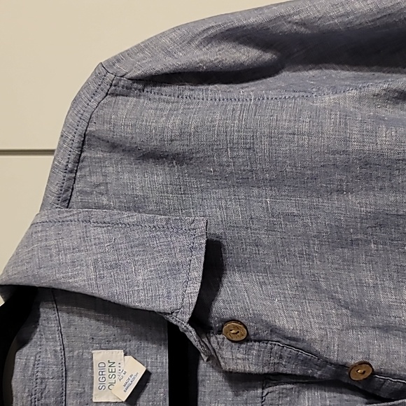 Sigrid Olsen Linen Tunic Top Women's Medium Blue Roll-Tab Sleeve High-Low Hem - Picture 3 of 10